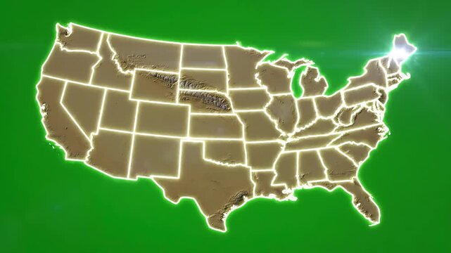 Green Screen map of united states america showing different animated usa contiguous lower 48 u s state on an isolated chroma key background scene 4 with distortion, overlay, glitch, static noise, scan