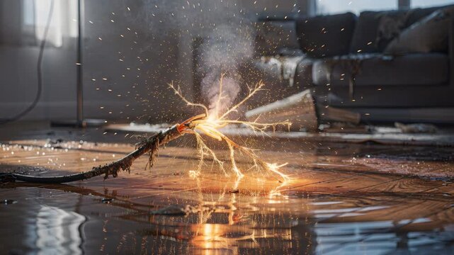A damaged electrical cord sparks hazardously on a flooded floor, creating a dangerous situation. The sparks evoke risk, highlighting the need for safety, emergency response, and repairs. Ideal for awa