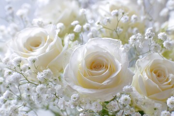 Elegant White Roses and Gypsophila Arrangement Close Up with Soft Lighting for Wedding Background