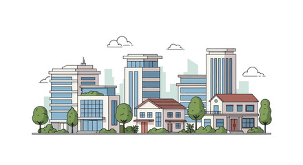 Modern Cityscape with Diverse Architecture: Skyscrapers and Houses