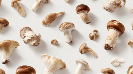 Scattered Assortment of Fresh Beige and Brown Mushrooms on a White Background in Flat Lay Arrangement Casting Soft Shadows