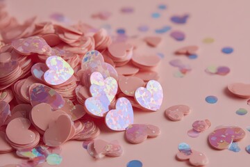 Scattered Heart Shaped Confetti with Iridescent Sheen on Light Pink Background for Valentine's Day Decoration and Celebration