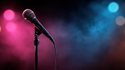 Shiny Microphone Standing On Stage Surrounded By Smoke With Vibrant Pink And Blue Spotlights In Dark Room With Elegant Musical Performance Equipment