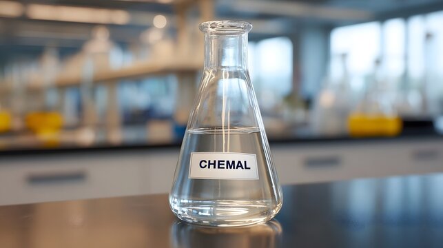 A clear chemical liquid fills an Erlenmeyer flask labeled  CHEMAL  in a modern laboratory setting