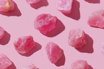 Sparkling Rose Quartz Pieces on Pink Background Displaying Faceted Textures and Subtle Shimmer with Uniform Lighting and Repeating Pattern Creating a Visually Appealing Aesthetic