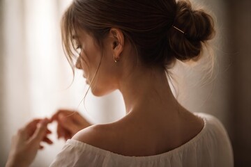 Obraz premium Young woman with bun hairstyle looking away in soft light, elegant lifestyle portrait from back, calm mood, femininity and natural beauty moment indoors