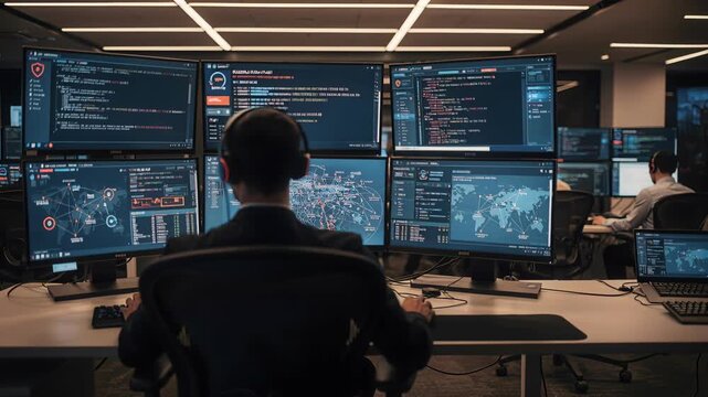 Inside a modern office, a cybersecurity analyst monitors multiple screens displaying data and threats. The dark tone and focused atmosphere convey data analysis, protection, and vigilance. Use for tec