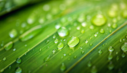 Macro image of water droplets on green palm leaves, close-up of rainy season drops rainwater on the green palm leaf © NARONG
