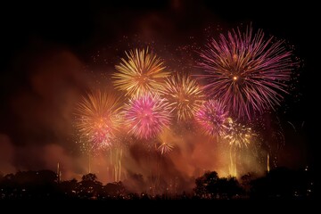 Spectacular Fireworks Display Against Dark Night Sky With Vibrant Yellow Red and Orange Bursts Over Silhouette Trees