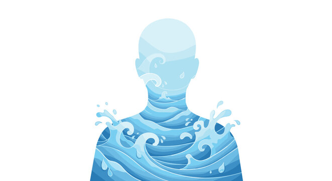 Human silhouette with paper-cut style water waves and splashes representing the immersive and vital presence of liquid within human existence, Generative AI.