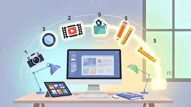 This video depicts the entire digital content creation process, showcasing photography, video production, editing, graphic design, and publishing stages from a desktop computer.