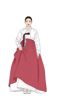 Korean woman illustration in traditional Hanbok dress with white jeogori and long red chima skirt on white background