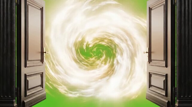 Green Screen black classic doors opening background animation 3d render alpha channel scene 4 with distortion, overlay, glitch, static noise, scan lines on background, 4k animated video loop