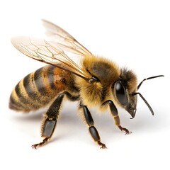 CloseUp SideView Isolated Honeybee With GoldenBrown Stripes Transparent Wings On PureWhite Background