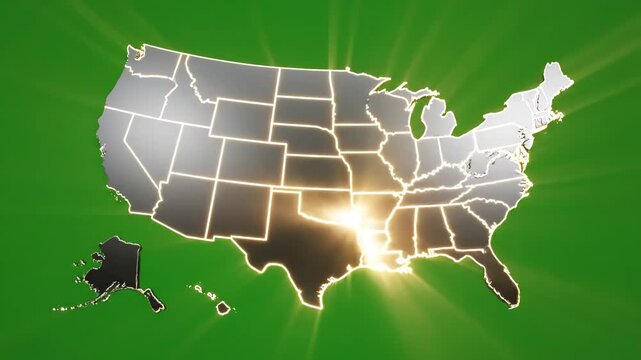Green Screen map of united states america showing different animated usa contiguous lower 48 u s state on an isolated chroma key background scene 1 with distortion, overlay, glitch, static noise, scan