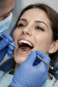 Ein Zahnarzt untersucht die Z&auml;hne eines Patienten