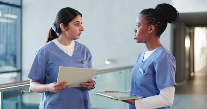 Nurse team, folder and discussion with stress for wrong patient info, medical issue or fail in hospital. Frustrated, healthcare worker or people with paperwork mistake, poor communication or problem.