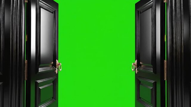 Green Screen black classic doors opening background animation 3d render alpha channel scene 3 with distortion, overlay, glitch, static noise, scan lines on background, 4k animated video loop