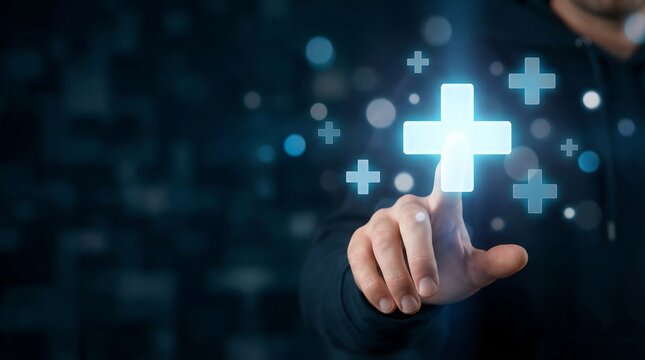 A human finger gently touches a large, glowing blue digital plus sign amidst a dark background with other smaller illuminated symbols, signifying adding or positive interaction.