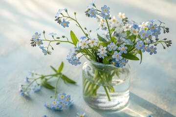 blue and white forget-me-not flowers arranged in a transparent glass vase, placed on a light background