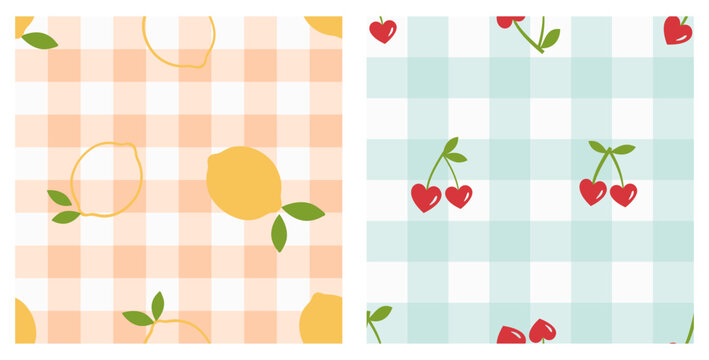 Seamless gingham pattern with lemon and cherry fruit on pastel checkered background vector.