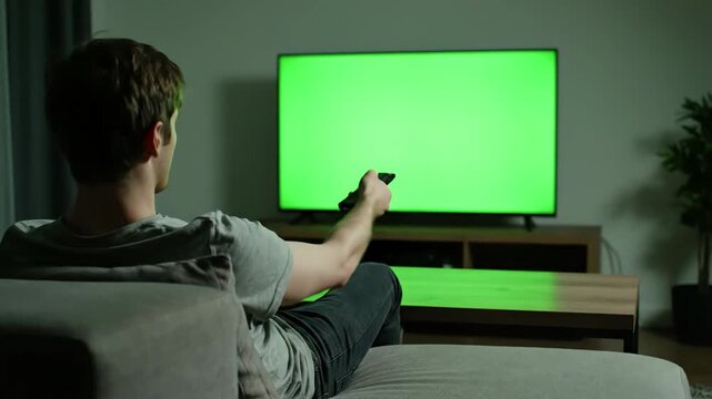 Green Screen man watching television in living room evening young guy sitting on sofa against tv with chroma back view male person switching channels using remote controller scene 2 distortion