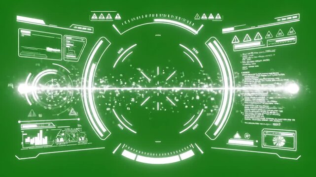 Green Screen hud sci fi futuristic white display isolated on chroma key background virtual reality technology concept 4k scene 1 with distortion, overlay, glitch, static noise, scan lines black
