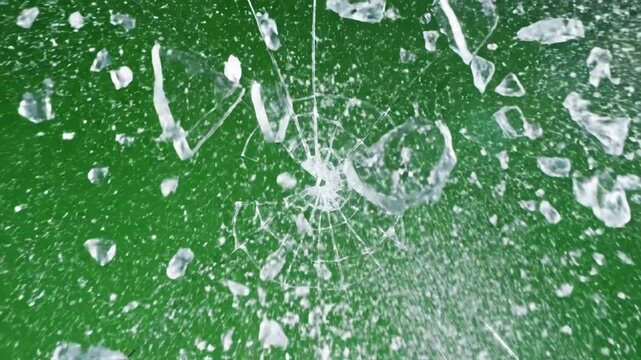 Green Screen super slow motion of gunshot through the glass shattering against background filmed on high speed cinema camera 1000 fps scene 4 with distortion, overlay, glitch, static noise, scan lines