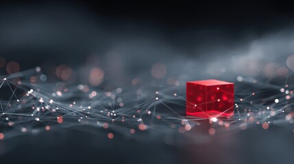Abstract Red Cube on Dark Gray Background with Glowing Spheres and Network of Lines Creating a Futuristic Tech Atmosphere and Low Angle Perspective