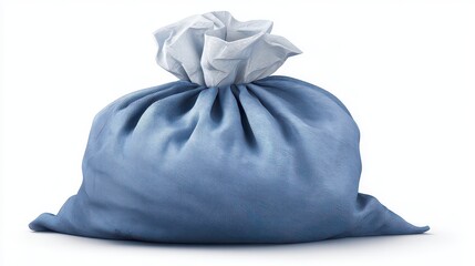Blue Fabric Sack Isolated on White Background with a Shiny Texture and Drawstring Closure Rendered with Dramatic Lighting and Detailed Cloth Folds for Promotional Use