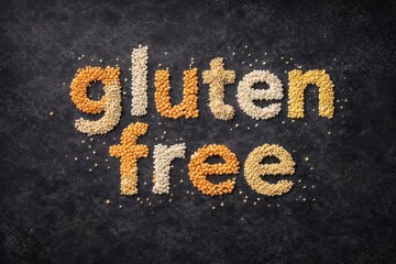 Word “gluten” composed from different grains on dark textured background. Concept of gluten intolerance, celiac disease, healthy nutrition and food awareness