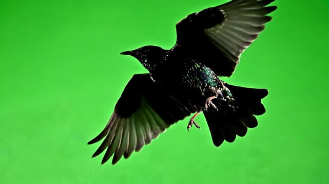 Green Screen black bird fly on top at background alpha channel bottom view scene 2 with distortion, overlay, glitch, static noise, scan lines background, 4k animated video loop