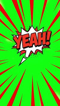 Green Screen yeah word retro cartoon comic bubbles popup style expressions colored bomb and smoke strip dotted red speed radial line seamless loop animation black 4k doodle background scene 2 with