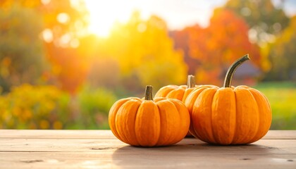 Three pumpkins sit on a wood surface, autumn foliage and sunlight in the backdrop