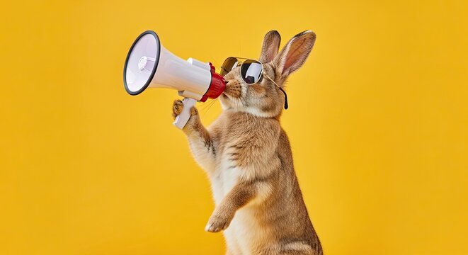 Easter day celebration with a funny easter bunny holding a megaphone on yellow background