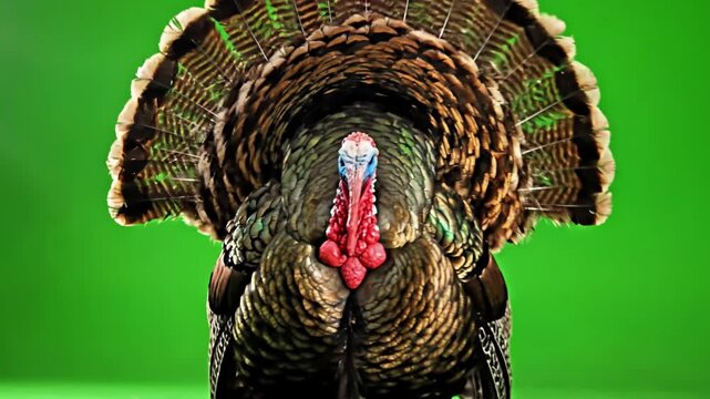 Green Screen turkey opens feathers and makes a sound twice bronze isolated 1 5 year weight is 12 kilograms scene 3 with distortion, overlay, glitch, static noise, scan lines on black background, 4k