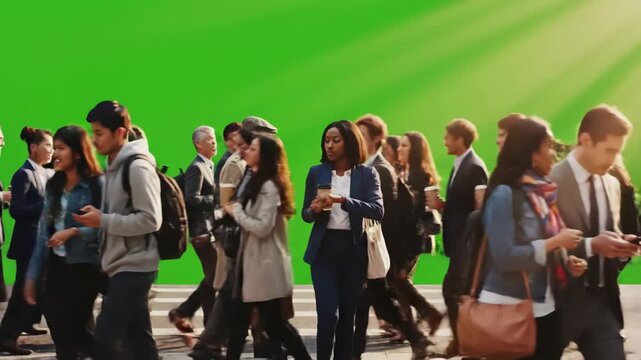 Green Screen big city life concept rush hour people crossing the street drinking coffee hurrying walking talking texting messages on a chroma key scene 1 with distortion, overlay, glitch, static
