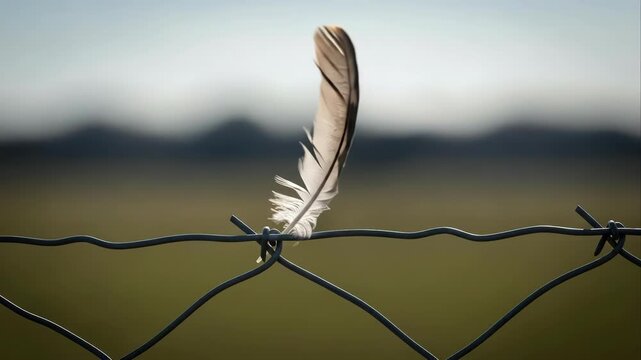 A single feather rests on a barbed wire fence.