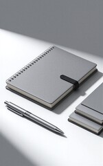 Minimalist desk setup: silver notebook, pens, laptop under soft light.