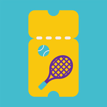 Vector flat concept with yellow ticket for visiting sportive event tennis match or championship. Racket and ball are on logo. Icon on blue background. Clipart sport collection