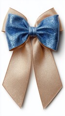 Naklejka premium A sparkling bow featuring rich blue and gold colors, perfect for gift wrapping or festive decor. Generative AI.