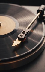 Golden vinyl record spinning, needle resting on groove under warm studio lighting.