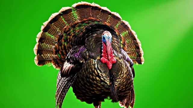 Green Screen turkey opens feathers and makes a sound twice bronze isolated 1 5 year weight is 12 kilograms scene 2 with distortion, overlay, glitch, static noise, scan lines on black background, 4k