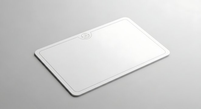 A white rectangular object with rounded corners lies on a gray surface indoors.
