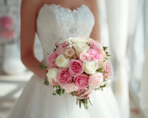 Bride in a white wedding dress holding a beautiful bridal bouquet, romantic wedding day portrait.
