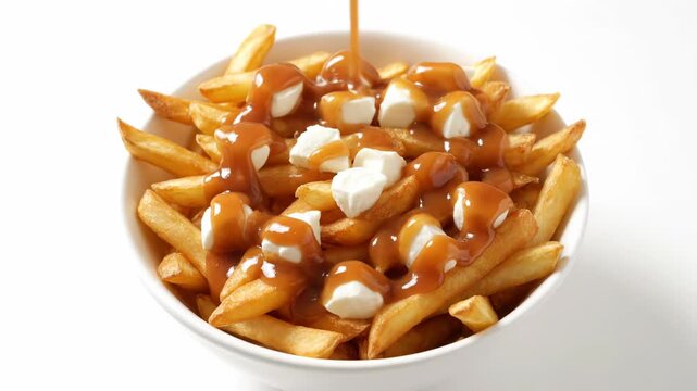 Golden french fries and cheese curds are prepared. Rich brown gravy is poured over the delicious poutine.