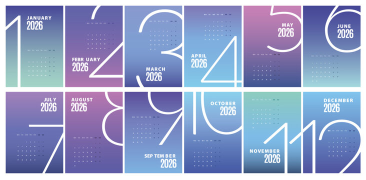 April 2026 minimal calendar templates set, week starts Monday. Gradient color.