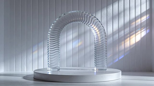 Transparent wavy arch sculpture on white base with striped wall background
