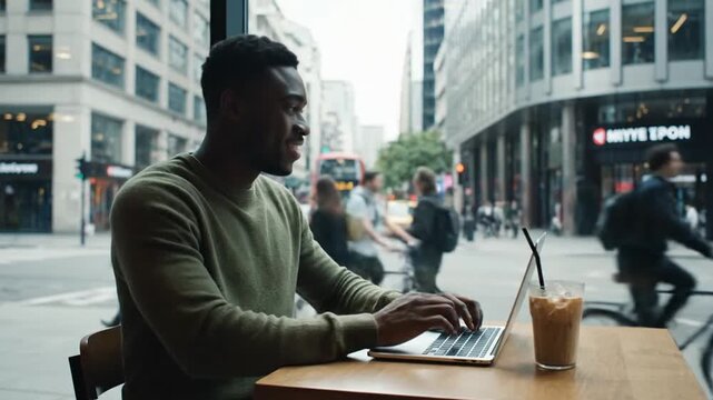 Man working on laptop in city.