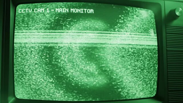 Green Screen cctv cam 1 main monitor display with scan lines on scene 4 distortion, overlay, glitch, static noise, black background, 4k animated video loop